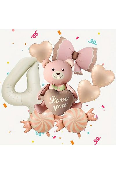 DÜVENCİ TİCARET Pink Ribbon Bear Balloon Set, Candy Heart Number Balloon