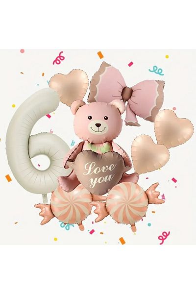 DÜVENCİ TİCARET Pink Ribbon Bear Balloon Set, Candy Heart Number Balloon