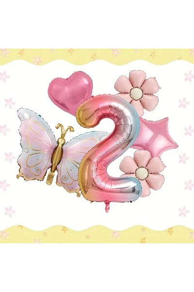 DÜVENCİ TİCARET Birthday Foil Balloon Set with Pink Butterfly, Daisy and Heart Balloons