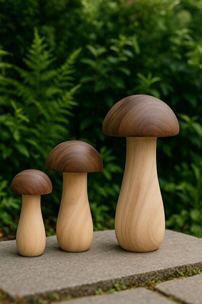 Amentes dekoratif ahşap 3 lü obje 3 lü mantar 15 18 25 cm