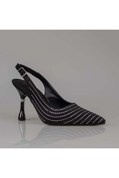 Trend Adımlar Black Satin Stone Embroidered Women's Classic Shoes