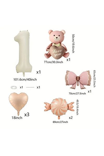 DÜVENCİ TİCARET Pink Ribbon Bear Balloon Set, Candy Heart Number Balloon