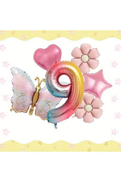 DÜVENCİ TİCARET Birthday Foil Balloon Set with Pink Butterfly, Daisy and Heart Balloons