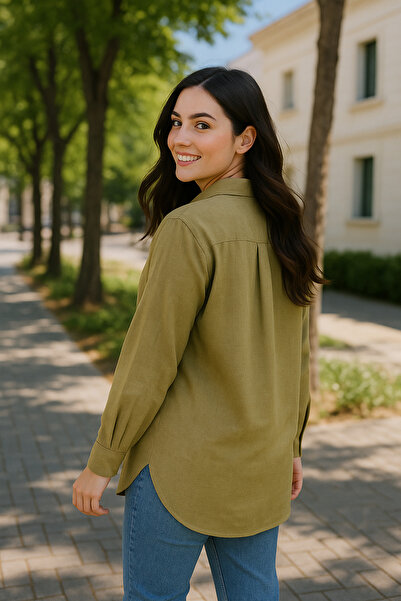 Patika Kadın Oversize Bol Kesim Gömlek - Yağyeşili