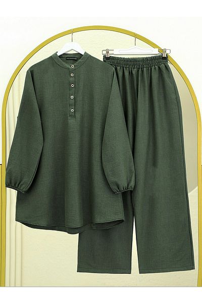 Modamorfo Half Buttoned Collar Linen Suit - Khaki
