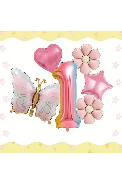 DÜVENCİ TİCARET Birthday Foil Balloon Set with Pink Butterfly, Daisy and Heart Balloons