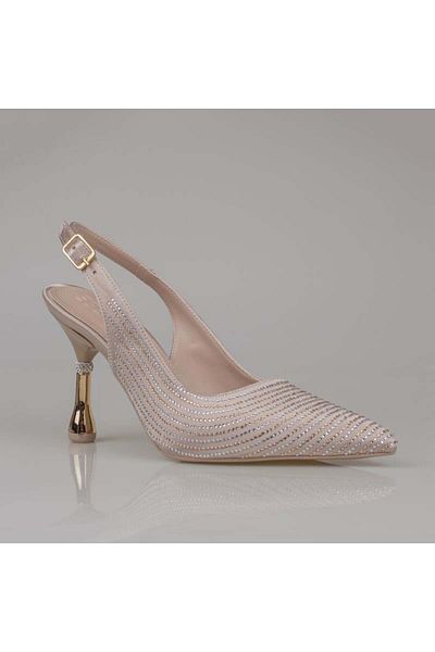 Trend Adımlar Cream Satin Stone Embroidered Women's Classic Shoes