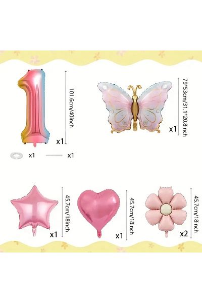 DÜVENCİ TİCARET Birthday Foil Balloon Set with Pink Butterfly, Daisy and Heart Balloons