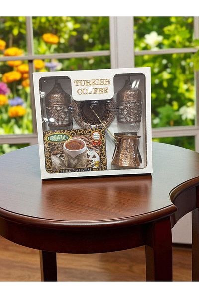 E orient Copper Turkish Coffee Set with Two Cups and Coffee Pot with Wooden Box