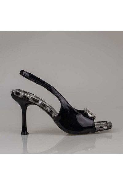 Trend Adımlar Black Patent Leather Open Toe Leopard Stone Classic Shoes