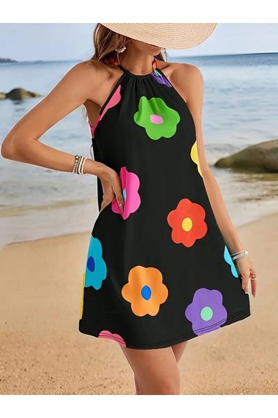 waymoda Women's Halter Strap Sleeveless Floral Print Single Jersey Dress, 25570