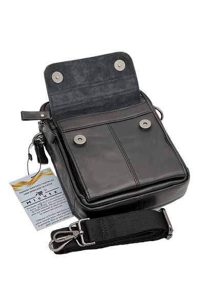 Micutz Men's black shoulder bag made of natural cowhide leather, 18x22x5 cm