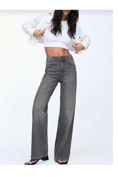 Bigowl ΑΝΤΙΓΡΑΦΟ - Γυναικείο ψηλόμεσο μπεζ τζιν Φαρδύ μπεζ τζιν παντελόνι Pal...