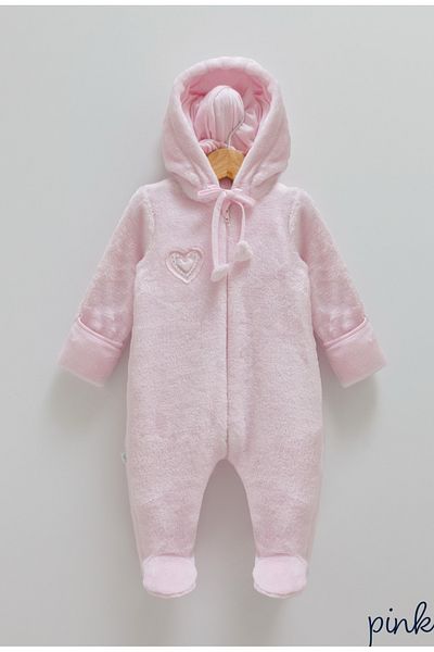 Caramell Baby Girl Plush Hooded Jumpsuit with Gloves - Heart Pattern - Pink (1-9 Months)