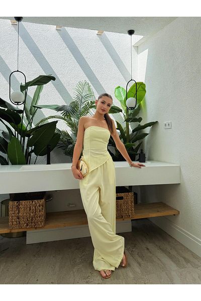 Bak'ap Premium Cotton Asymmetrical Strapless Blouse Wide Leg Pants 2 Piece Set