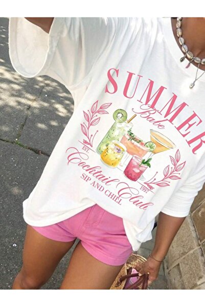 LAYORA Tricou de vară supradimensionat pentru femei - Summer Cocktail cu imprimeu |   Stil de vară colorat și distractiv