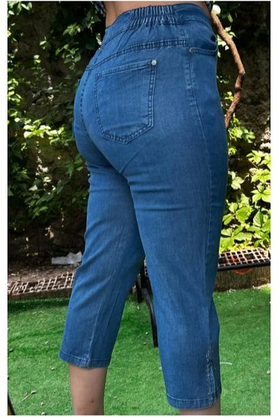 AKŞEN GİYİM Plus Size Full Lycra High Waisted Summer Pants Stone Detailed Denim Fabric Capri