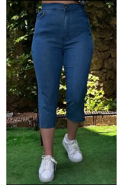AKŞEN GİYİM Plus Size Full Lycra High Waisted Summer Pants Stone Detailed Denim Fabric Capri