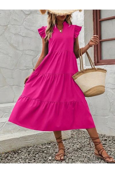 waymoda Way Moda Women's Short Sleeve V-Neck Wide Cut Long Tricot Dress , 25886