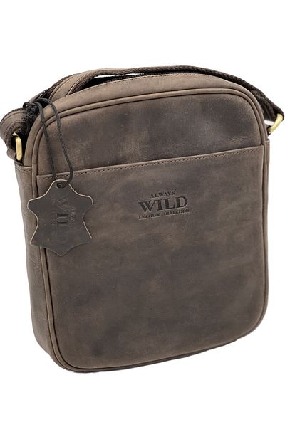 Micutz Always Wild men's shoulder bag: Natural leather, double strap, 22x24x5 cm, Dark Brown color