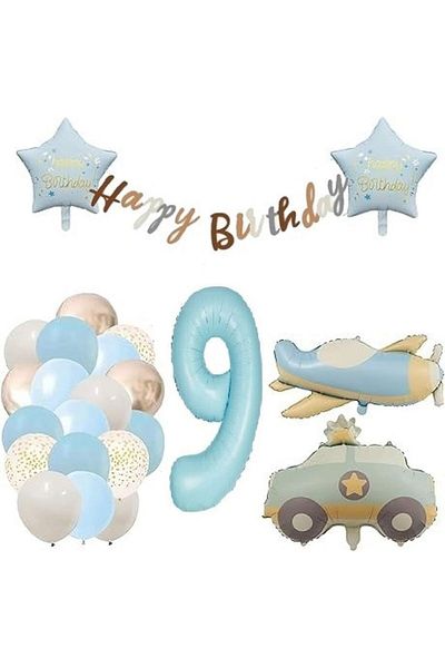 DÜVENCİ TİCARET Airplane Police Car Blue Age Balloon Retro Birthday Set
