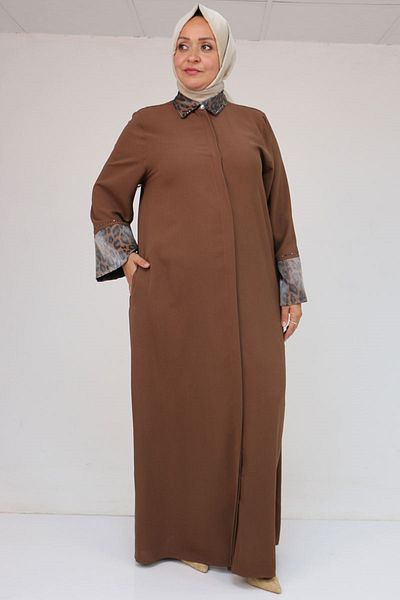 Eslina 56005 Μεγάλο μέγεθος με γαρνιτούρα μανίκι Etamin Abaya Ferace - Καφέ
