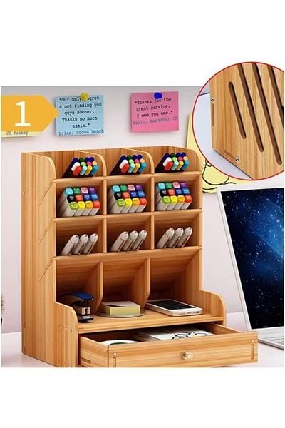 Mu Art Ahşap Wooden Desk Organizer, Multifunctional Drawer, Writing Supplies, Desk Storage