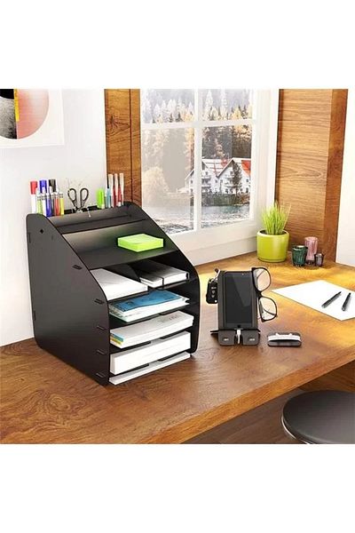 Mu Art Ahşap Design Otto Large Modest - 6 Colors A4 Document Rack Desktop Organizer Organizer (Black)