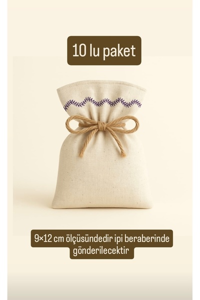 ALASEREN Ham Bez Natural 9×12cm 10lı Nakışlı Kese Bez Poşet -Takı,Lavanta,Sab...