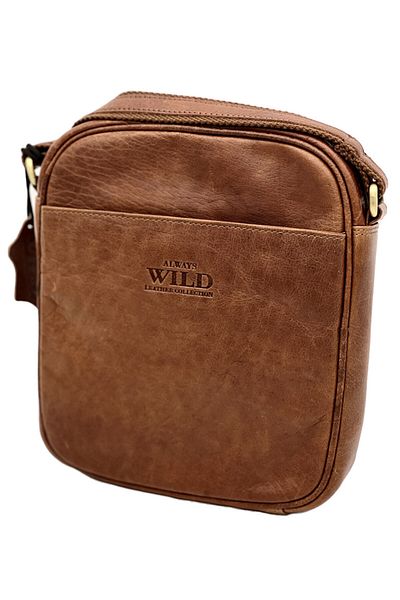 Micutz Always Wild men's shoulder bag: Natural leather, double strap, 22x24x5 cm, Brown color