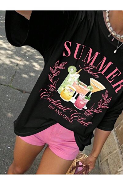 LAYORA Tricou de vară supradimensionat pentru femei - Summer Cocktail cu imprimeu |   Stil de vară colorat și distractiv