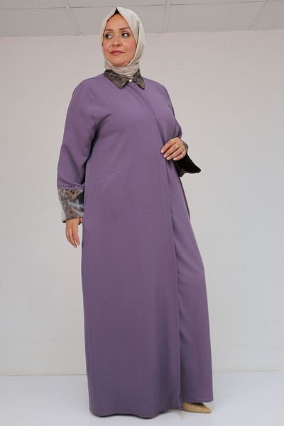 Eslina 56005 Μεγάλο μέγεθος με γαρνιτούρα μανίκι Etamin Abaya Ferace - Λιλά