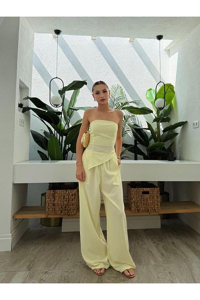 Bak'ap Premium Cotton Asymmetrical Strapless Blouse Wide Leg Pants 2 Piece Set