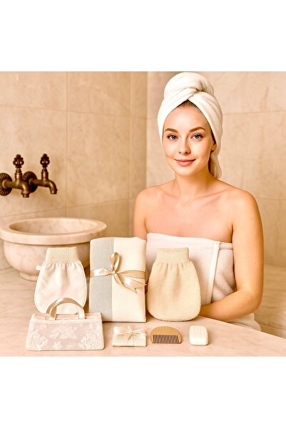 Hammamlife Gelin Hamamı hediyelik peştemal set 6 Parça set Peştemal , Kese , Lif ,Sabun , Tarak , Tül Çanta