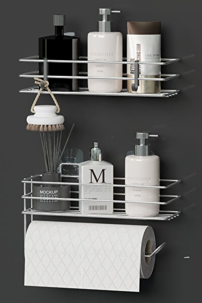 Hill Homes Krom Gümüş 2’li Yapışkanlı Banyo Raf Seti – Kağıt Havlu Askılı & Duş Organizer Set