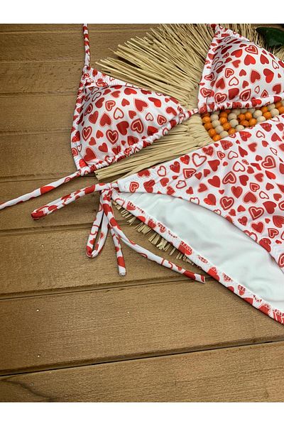 XORVİO Women's Red Heart Pattern Lycra Flexible Side and Neck Tie Stylish Drawstring Triangle Bikini Suit