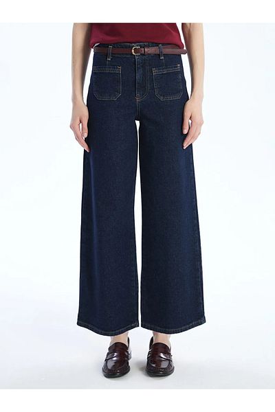 LC Waikiki LCW Jeans Indigo Wideleg Γυναικείο Jean Παντελόνι με Ζώνη μέσης