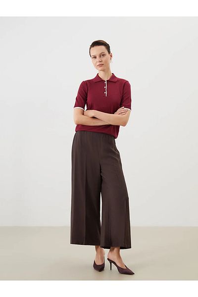 LC Waikiki Lcw Modest Brown Women's Pleated Trousers with Elastic Waist and Wide Legs