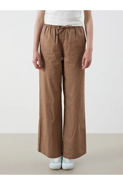 LC Waikiki Xside Brown Elastic Waist Striped Wide Leg Women's Trousers