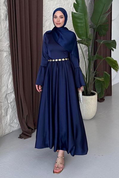BİNAAR Balloon Skirt Satin Dress Navy Blue