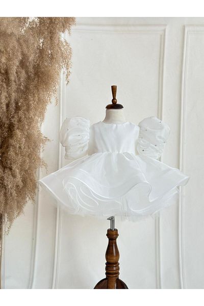 Hobidik Baby White Stone Puffy Tulle Girl's Dress |   1-8 Years Birthday Special Daily