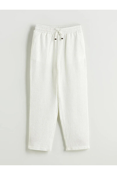 LC Waikiki Lcw Modest Ecru Women's Striped Linen Look Trousers with Elastic Waist