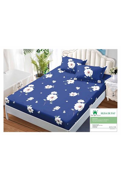 FIONNA.RO Duvet Cover with Elastic and Pillowcases 140x200cm - Royal Blue with White Flowers