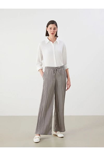 LC Waikiki Lcwaikiki Classic Khaki Elastic Waist Textured Wide Leg Women's Trousers