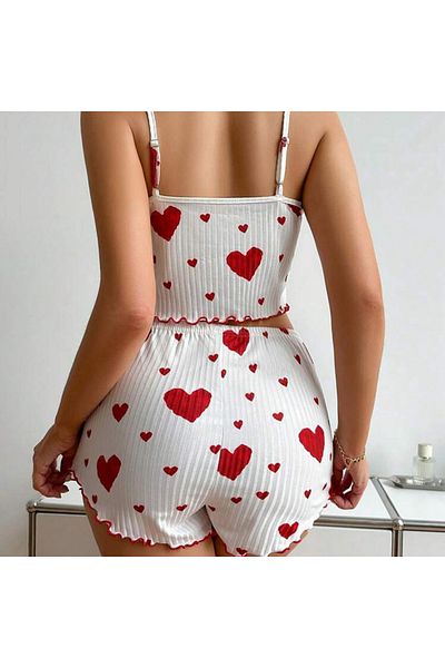 ماركة غير محددة Women's White Heart Print Bra and Mini Shorts Set