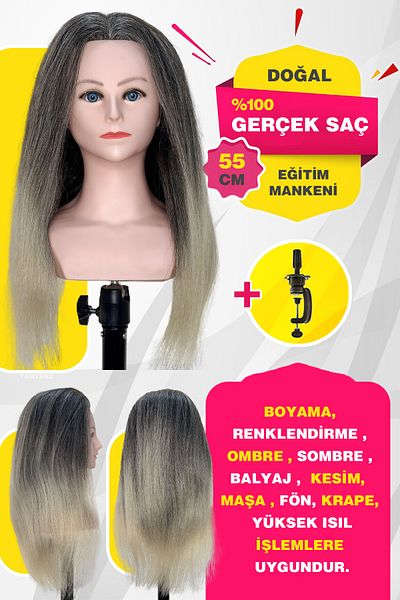TAM TARZ 100% Real Hair Shoulder Hairdresser Training Mannequin + Table Apparatus / Coffee-Platinum Ombreli / 55 cm