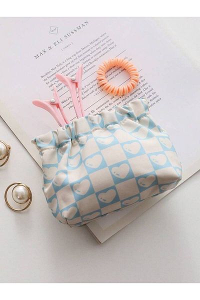 synshop Blue White Heart Makeup Pad Cosmetic Bag Organizer Organizer Μαγνητικό κλείσιμο Αδιάβροχο