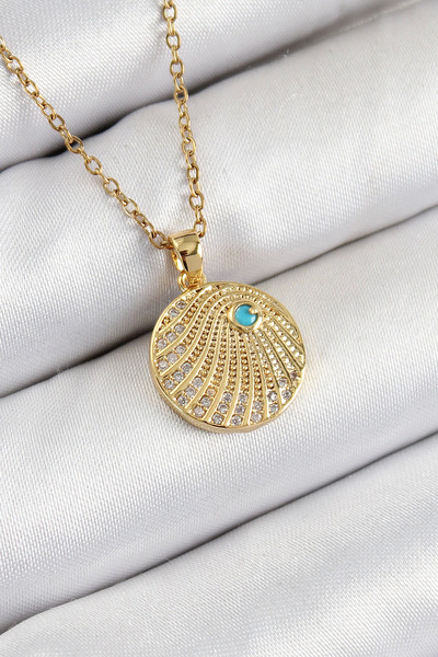 Genel Markalar BFS 316L Çelik Zirkon Taşlı Madalyon Model Gold Renk Kadın Kolye