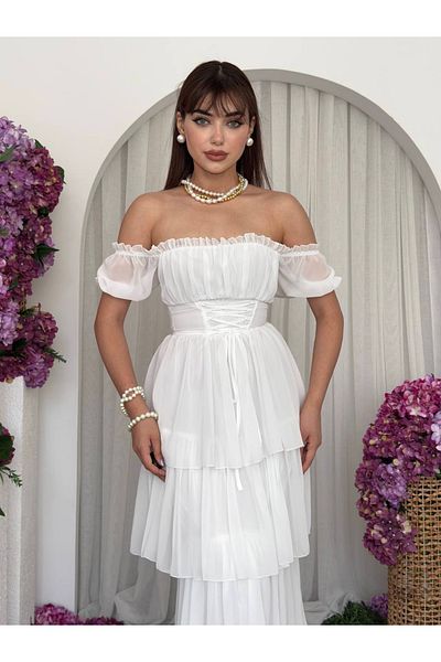 Afiş Butik White Chiffon Layered Dress with Tie Detail