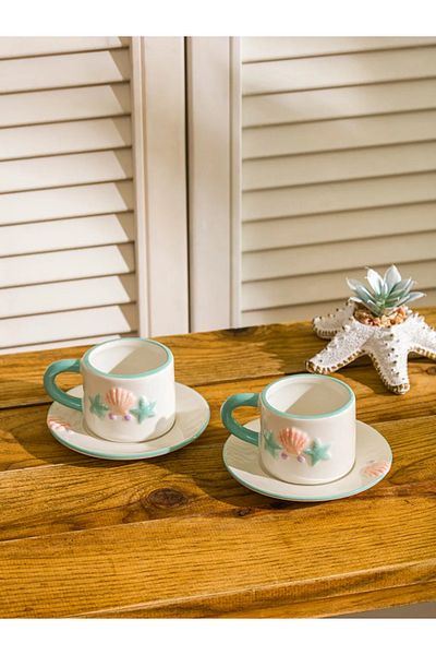 LC Waikiki Lcw Home Mixed Seashell Printed Ceramic Coffee Cup Set for 2 People 100 ml